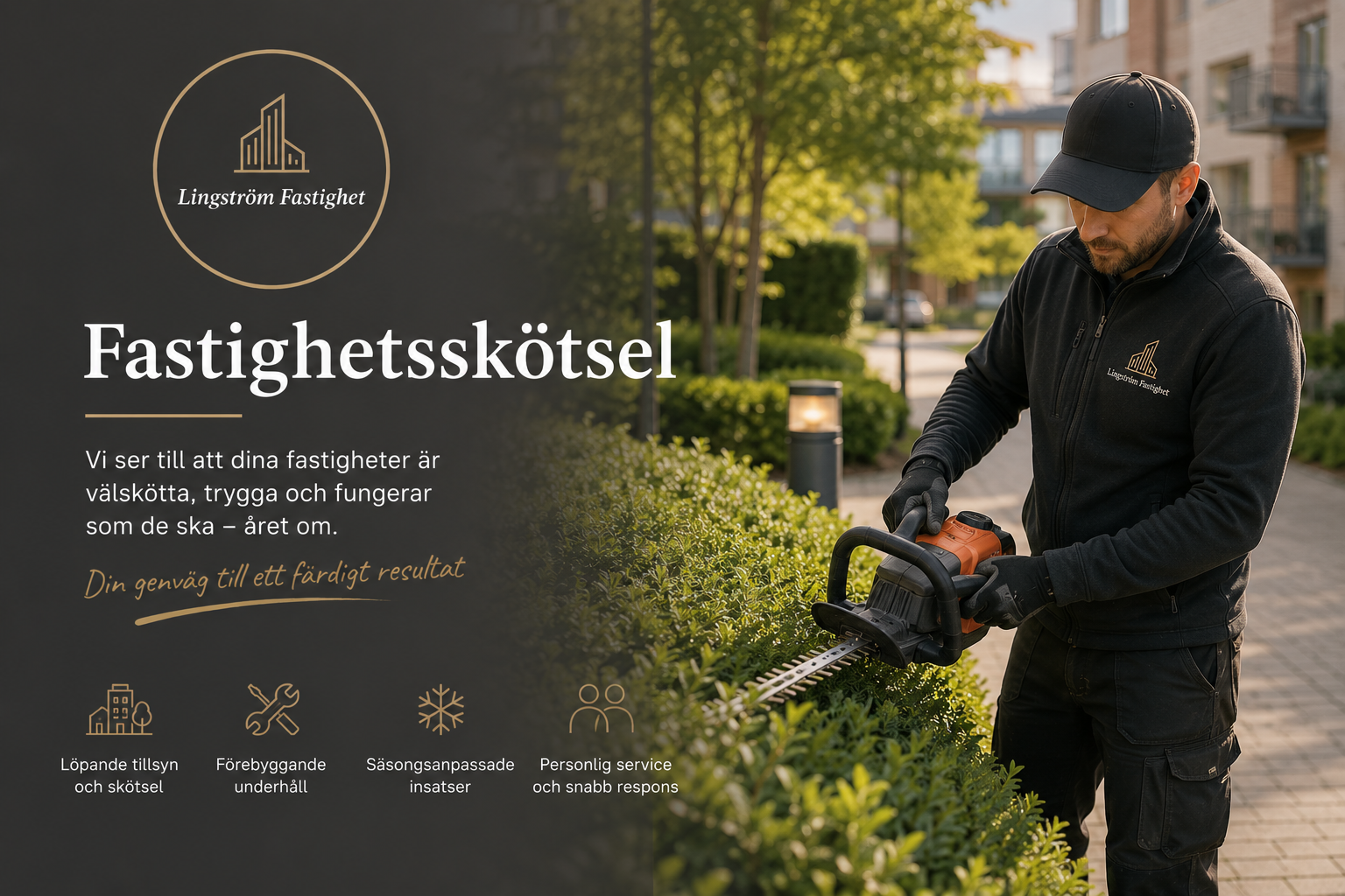 Man i svart arbetskläder klipper häck med häcksax i bostadsgata, soligt grönska i bakgrunden.