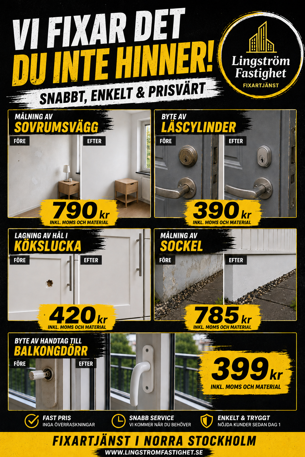 Reklamaffisch med före-efter-bilder av målning och dörrhandtag, priser i gul text och logotyp.