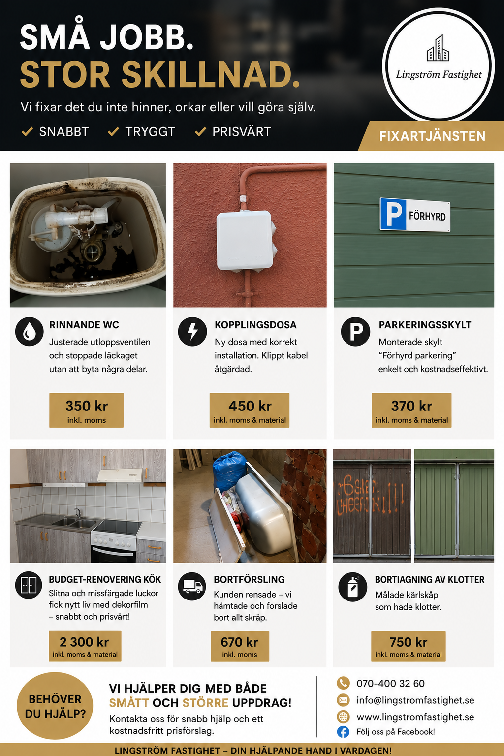 Marknadsaffisch för fixartjänster med tre bilder av VVS- och skyltinstallationer samt prisrutor.