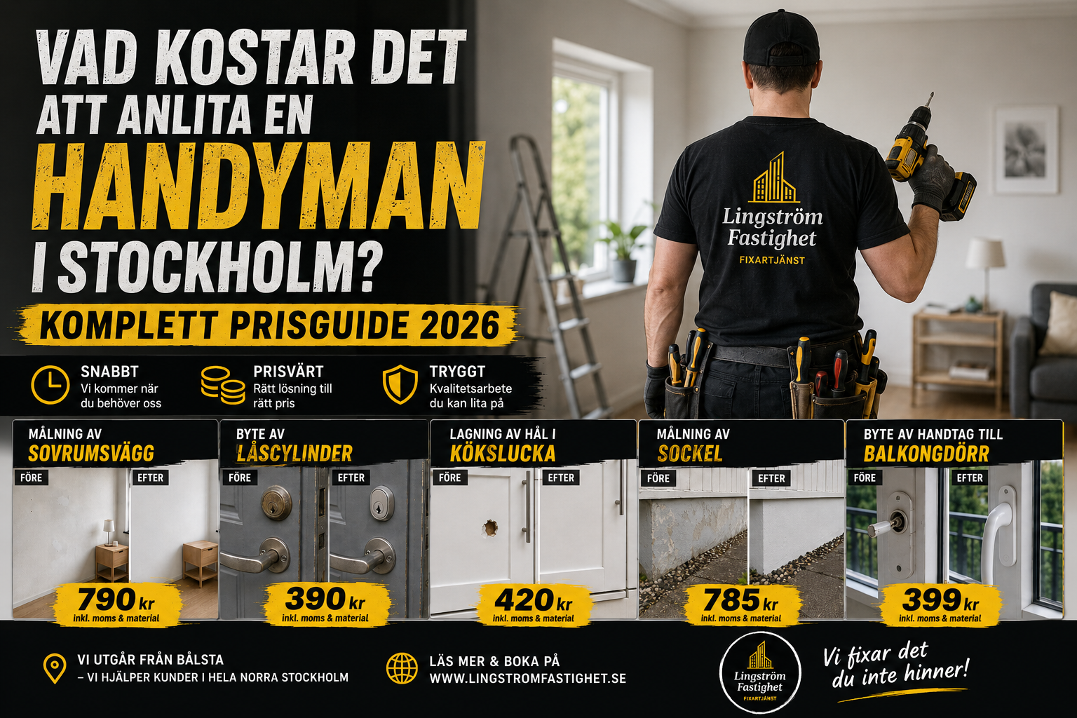 Hantverkare i svart t-shirt arbetar i bostad, med text om prisguide och före/efterbilder.
