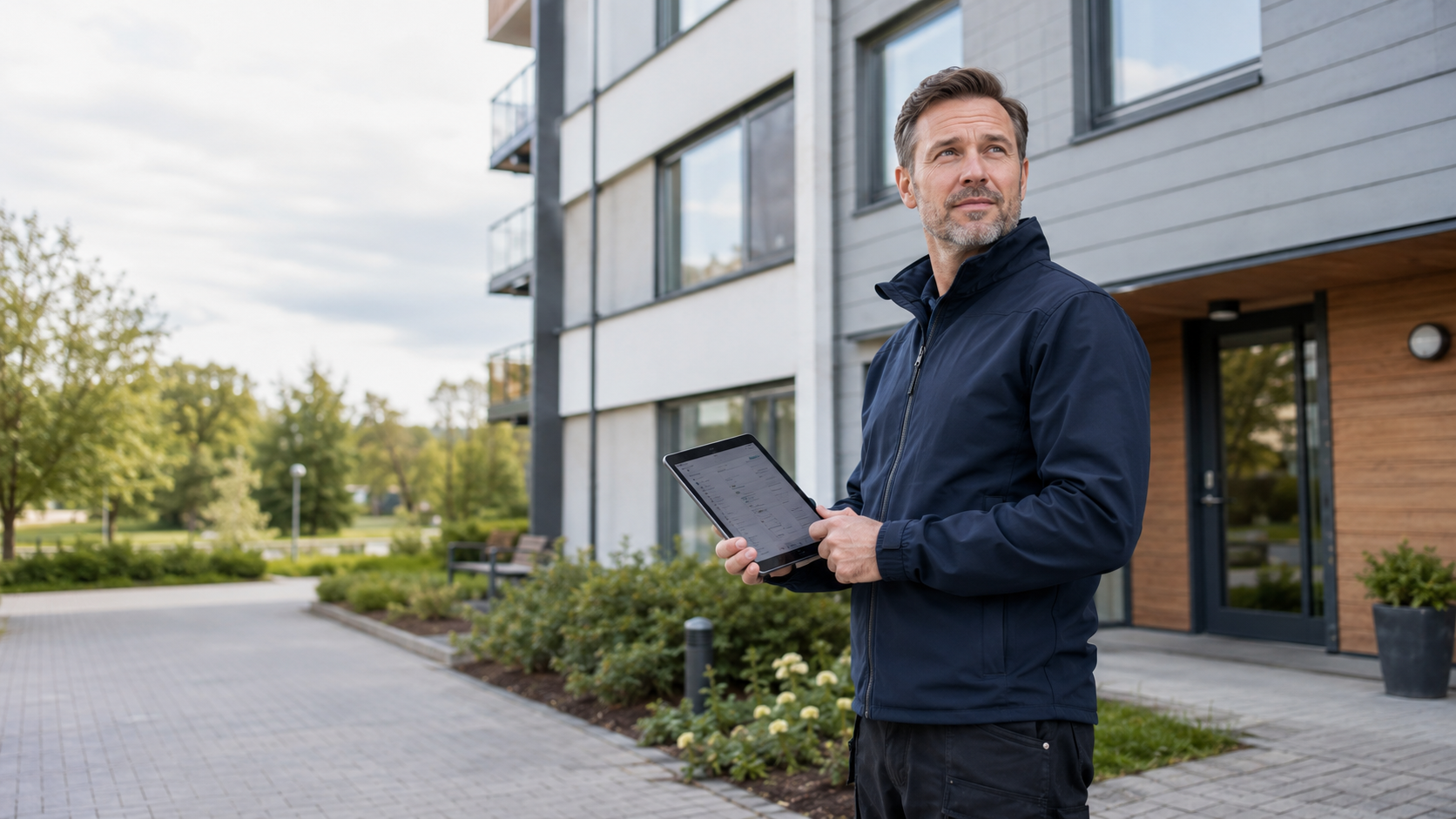 Fastighetsförvaltare från Lingström Fastighet inspekterar en flerbostadsfastighet