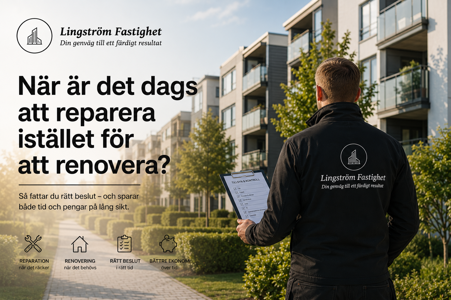 Fastighetsförvaltare från Lingström Fastighet inspekterar ett modernt flerbostadshus i stadsmiljö inför beslut om reparation eller renovering. Bilden illustrerar professionell fastighetsförvaltning, förebyggande underhåll och långsiktig fastighetsskötsel.