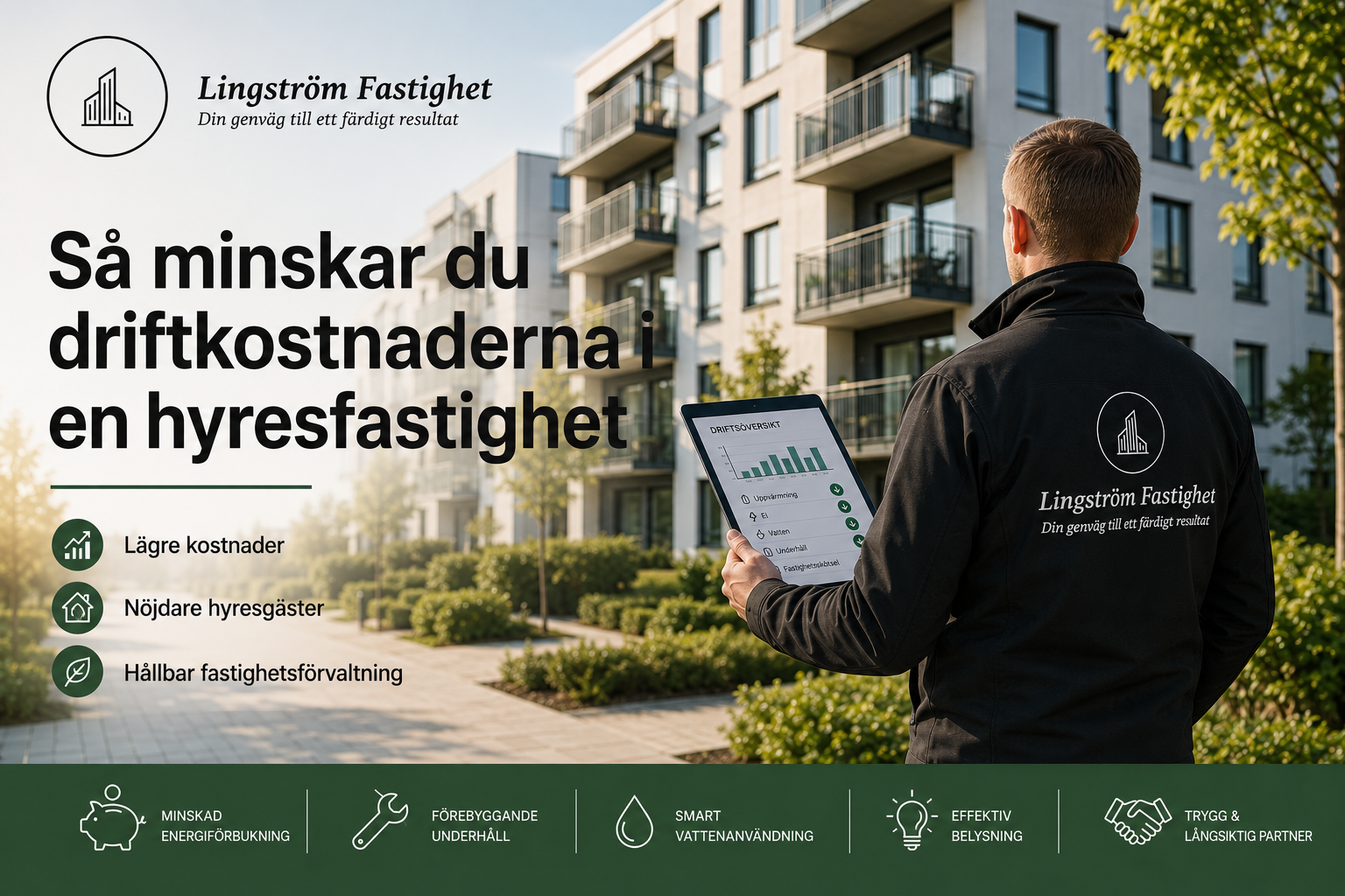 En fastighetsförvaltare från Lingström Fastighet står framför moderna flerbostadshus och följer upp fastighetens drift via en digital översikt. Bilden symboliserar hur regelbunden tillsyn, energieffektivisering och förebyggande underhåll hjälper fastighetsägare att sänka driftkostnaderna, förbättra fastighetens ekonomi och skapa en tryggare boendemiljö för hyresgäster.