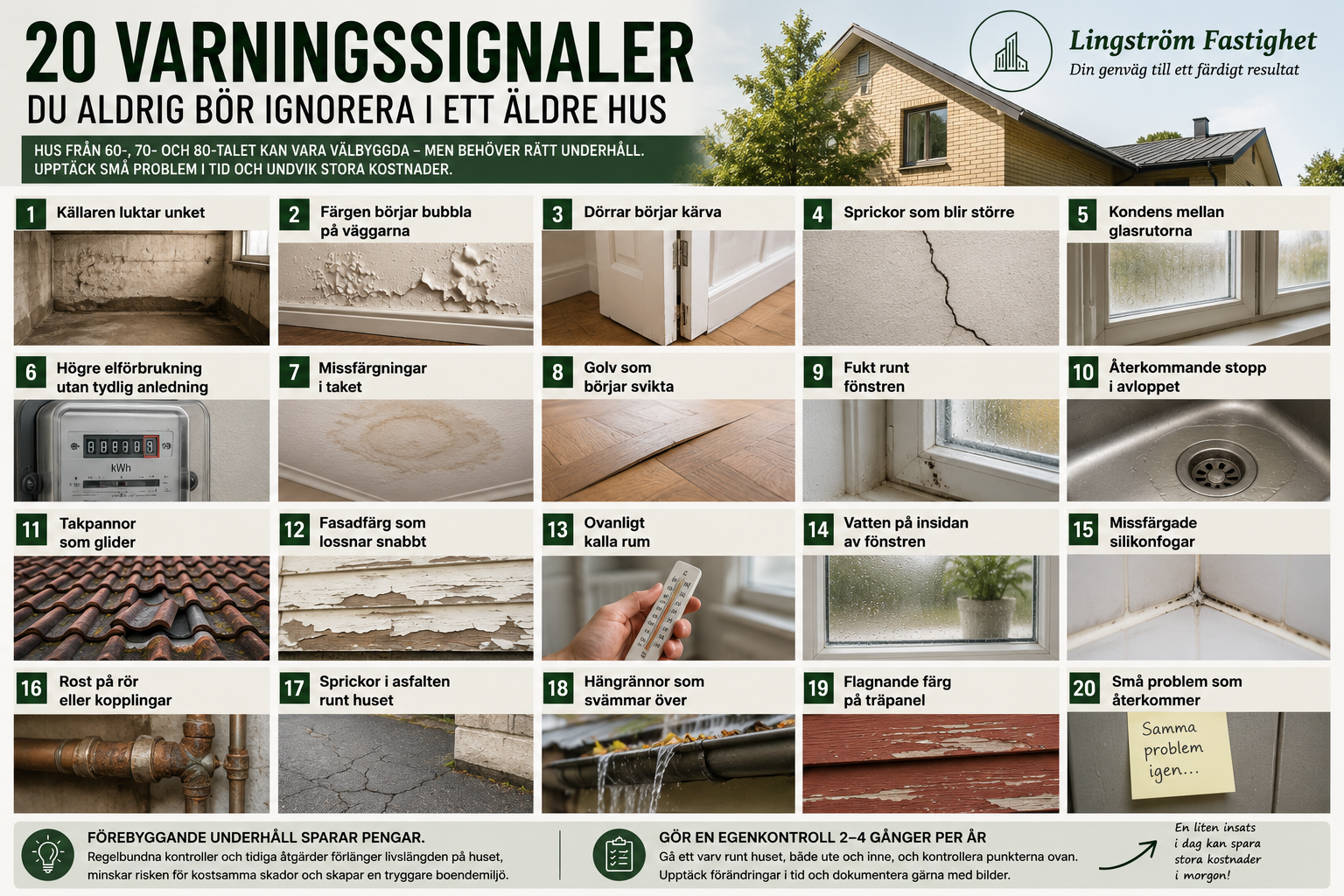 Infografik som visar 20 vanliga varningssignaler i hus byggda under 1960-, 70- och 80-talet. Bilden lyfter problem som fukt, sprickor, dålig ventilation, takskador, avloppsproblem och slitage samt vikten av förebyggande underhåll för att undvika kostsamma reparationer.
