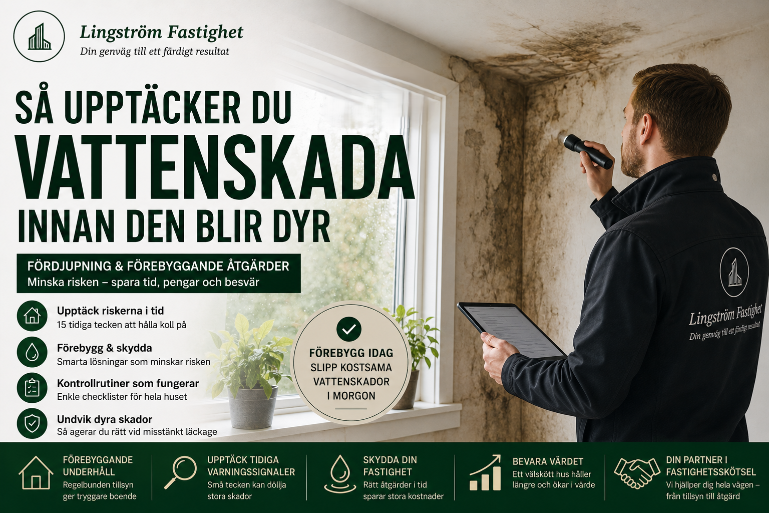 Omslagsbild till en guide om hur man upptäcker en vattenskada innan den blir dyr. En fastighetsförvaltare inspekterar fukt- och mögelskador på en vägg med ficklampa och checklista. Bilden illustrerar tidig upptäckt av vattenskador, förebyggande underhåll och fastighetsskötsel.