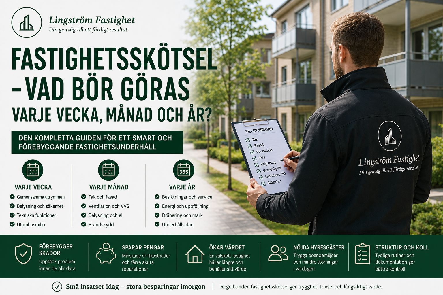 Omslagsbild till en guide om fastighetsskötsel med en fastighetsförvaltare som genomför en tillsynsrond framför ett flerbostadshus. Bilden visar en checklista för vad som bör kontrolleras varje vecka, månad och år för ett förebyggande fastighetsunderhåll.