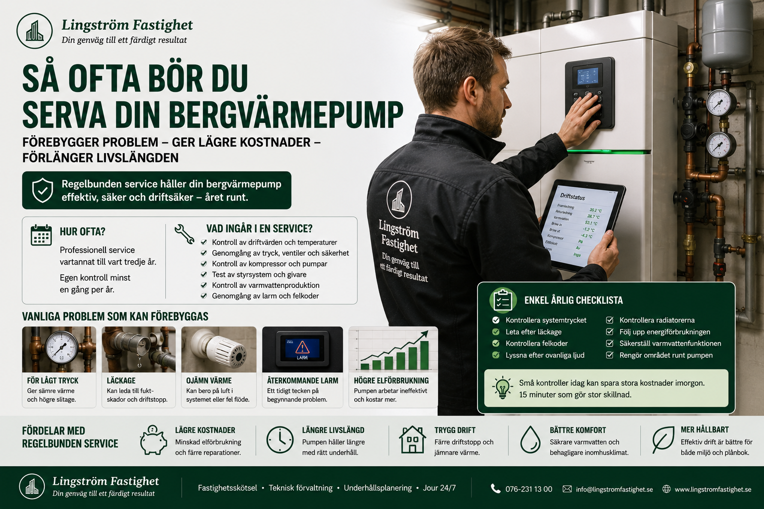 Omslagsbild till en guide om service och underhåll av bergvärmepumpar. En fastighetsförvaltare kontrollerar en modern bergvärmepump med hjälp av en surfplatta och kontrollpanel. Bilden illustrerar regelbunden service, egenkontroller, energieffektivitet och förebyggande underhåll för längre livslängd.