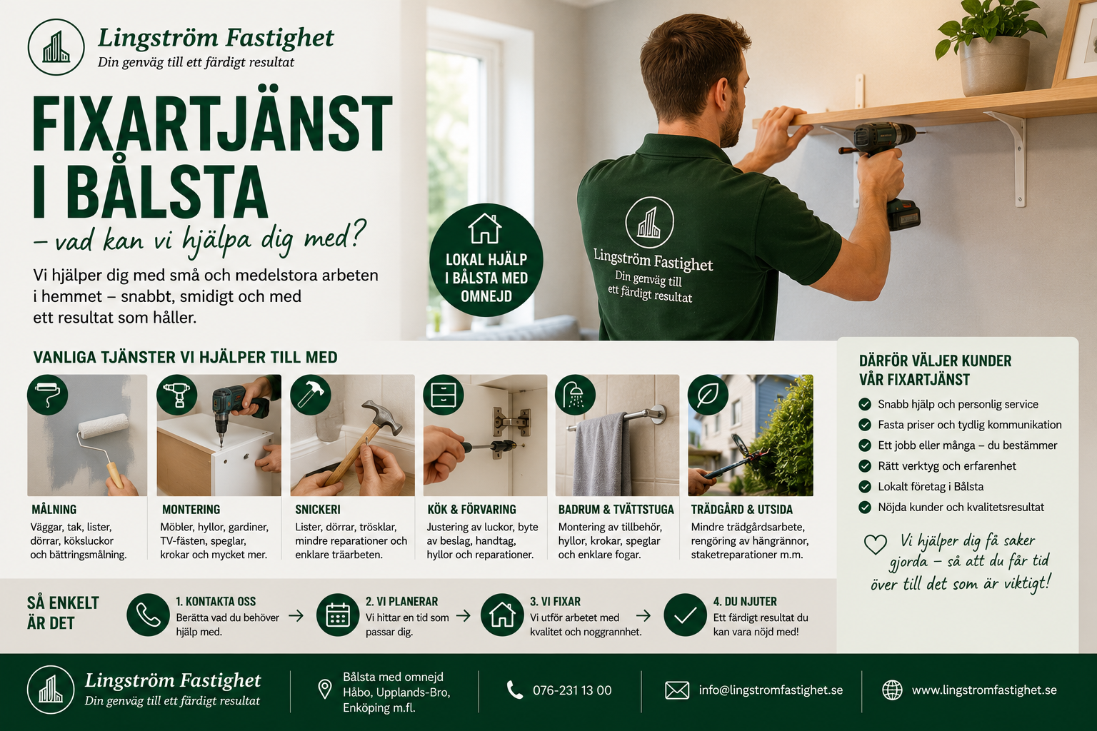 Omslagsbild till en guide om fixartjänster i Bålsta. En hantverkare från Lingström Fastighet monterar en vägghylla i ett hem. Bilden illustrerar lokala fixartjänster, montering, målning, mindre reparationer, snickeriarbeten och praktisk hjälp i hemmet.