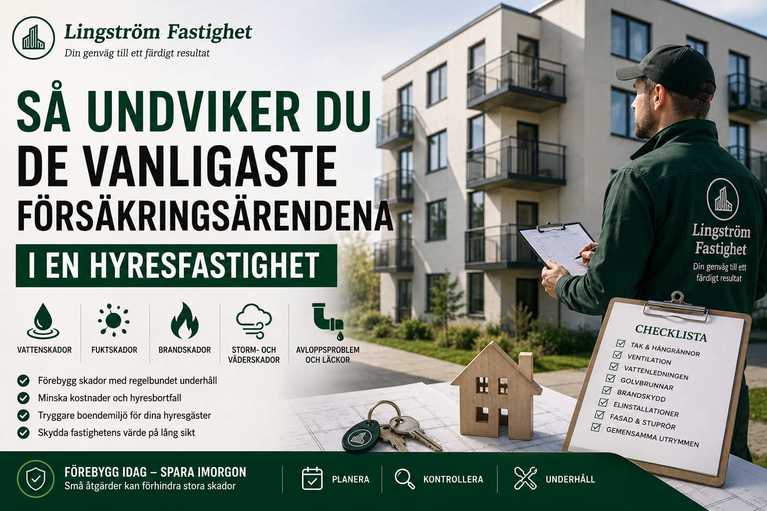 Omslagsbild till guiden "Så undviker du de vanligaste försäkringsärendena i en hyresfastighet". Bilden visar en fastighetsskötare från Lingström Fastighet som inspekterar ett modernt flerbostadshus med en checklista. Illustrationer visar vanliga försäkringsskador som vattenskador, fuktskador, brandskador, stormskador och avloppsproblem samt vikten av förebyggande underhåll och regelbundna kontrolle