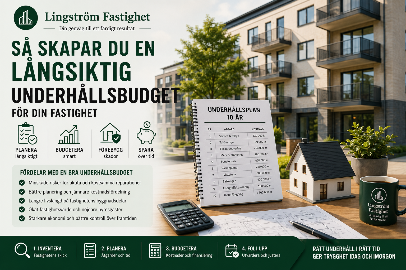 Omslagsbild till guiden "Så skapar du en långsiktig underhållsbudget för din fastighet". Bilden visar en tioårig underhållsplan, en miniatyr av ett hus, ritningar, miniräknare och ett modernt flerbostadshus i bakgrunden. Illustrationen symboliserar långsiktig budgetplanering, förebyggande underhåll och hållbar fastighetsförvaltning.
