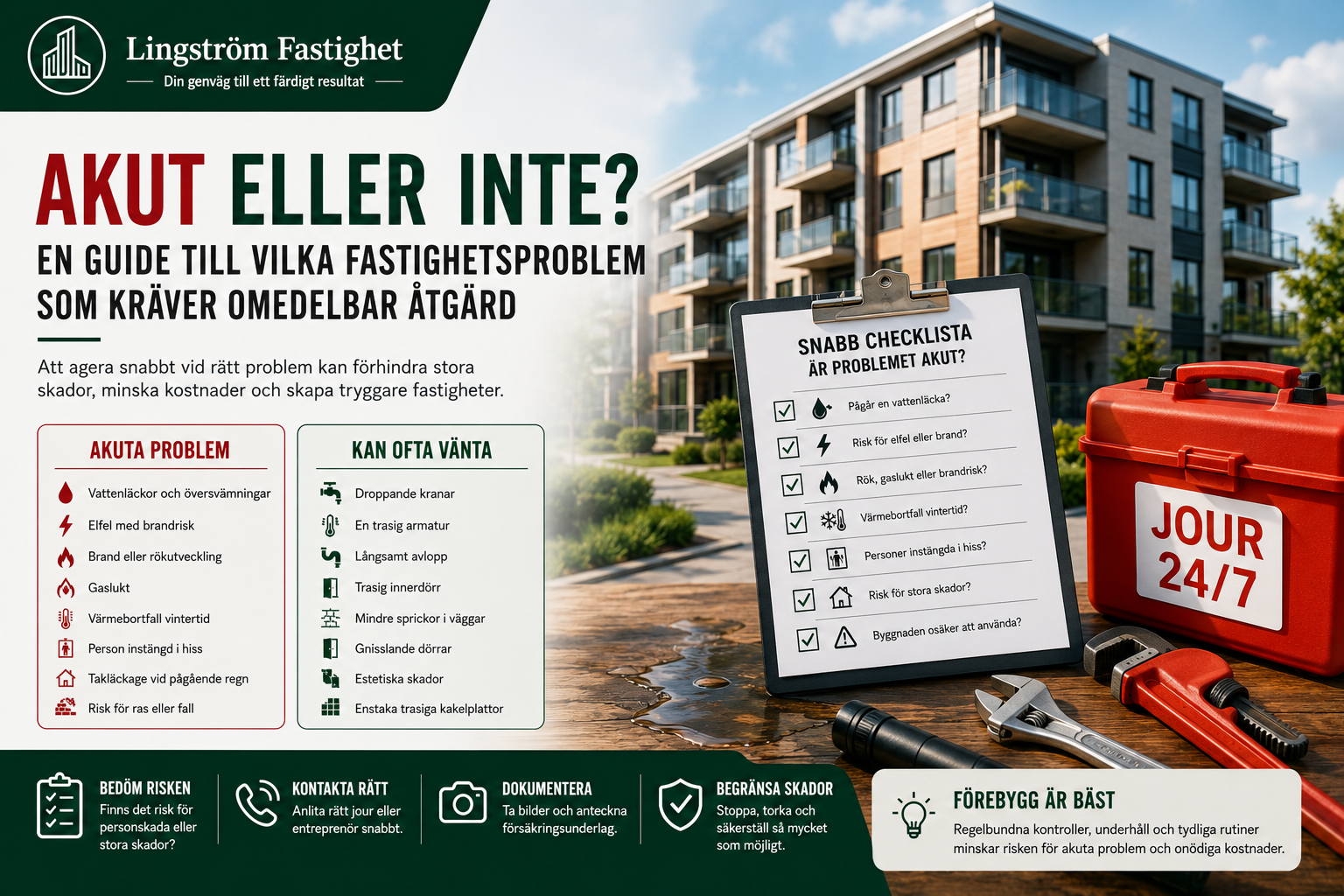 Omslagsbild till guiden "Akut eller inte? En guide till vilka fastighetsproblem som kräver omedelbar åtgärd". Bilden visar ett modernt flerbostadshus, en checklista för akuta fastighetsproblem, en röd jourlåda och verktyg som symboliserar snabb felhantering, jourinsatser och säker fastighetsförvaltning.
