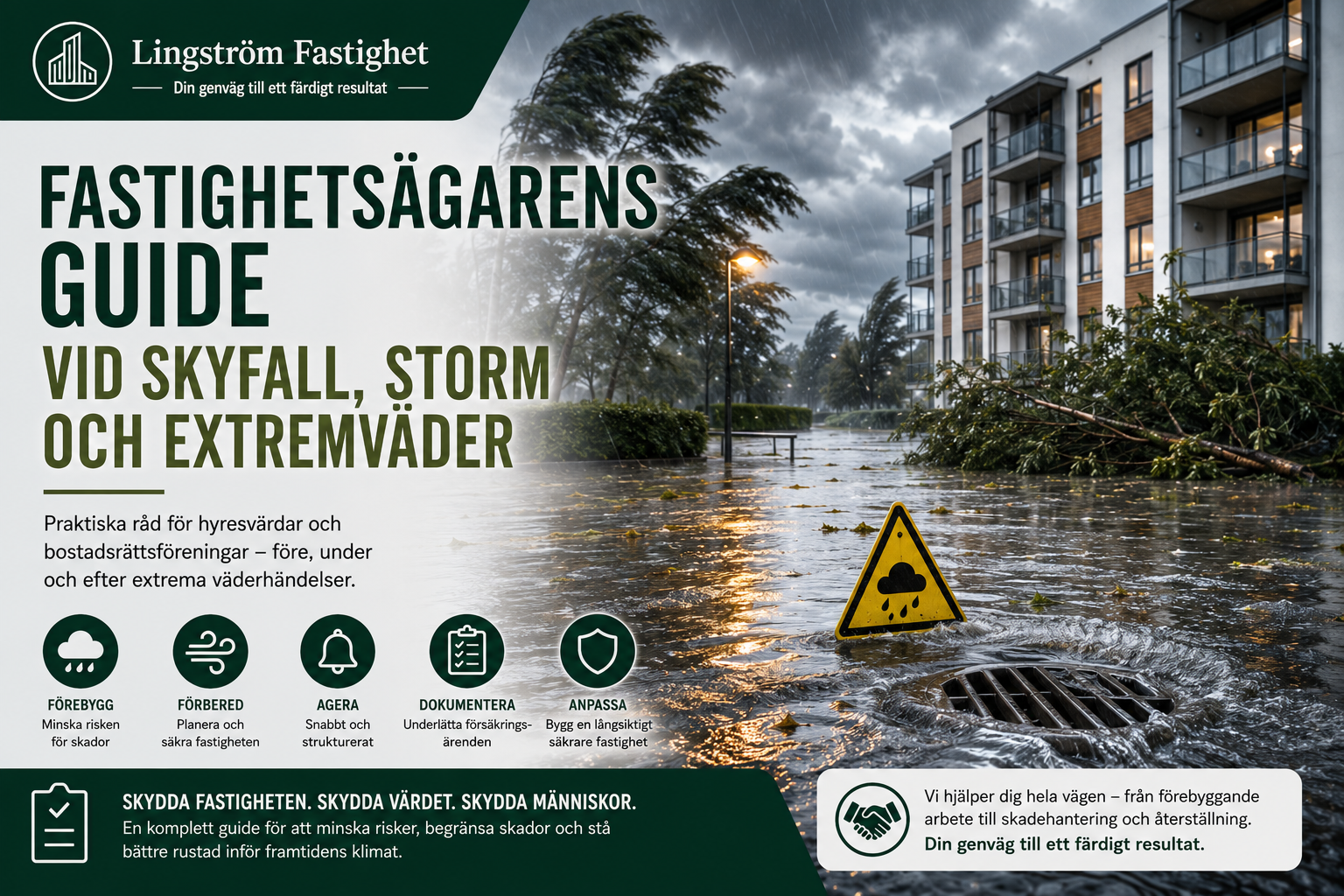 Illustration av ett flerbostadshus under ett kraftigt skyfall och storm med översvämmad gata, hårda vindar och dagvattenbrunn. Bilden illustrerar en guide om hur hyresvärdar och bostadsrättsföreningar kan förebygga, hantera och klimatanpassa fastigheter inför extremväder.