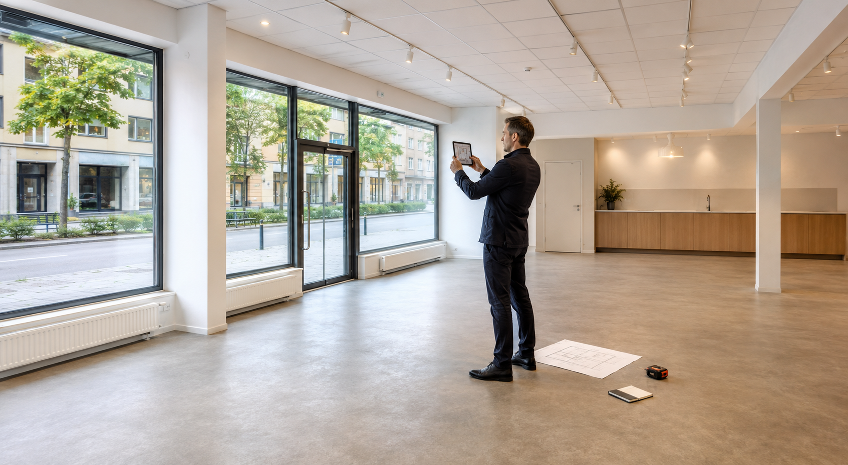 Fastighetsförvaltare fotograferar en ljus och tom kommersiell lokal med stora skyltfönster inför uthyrning.