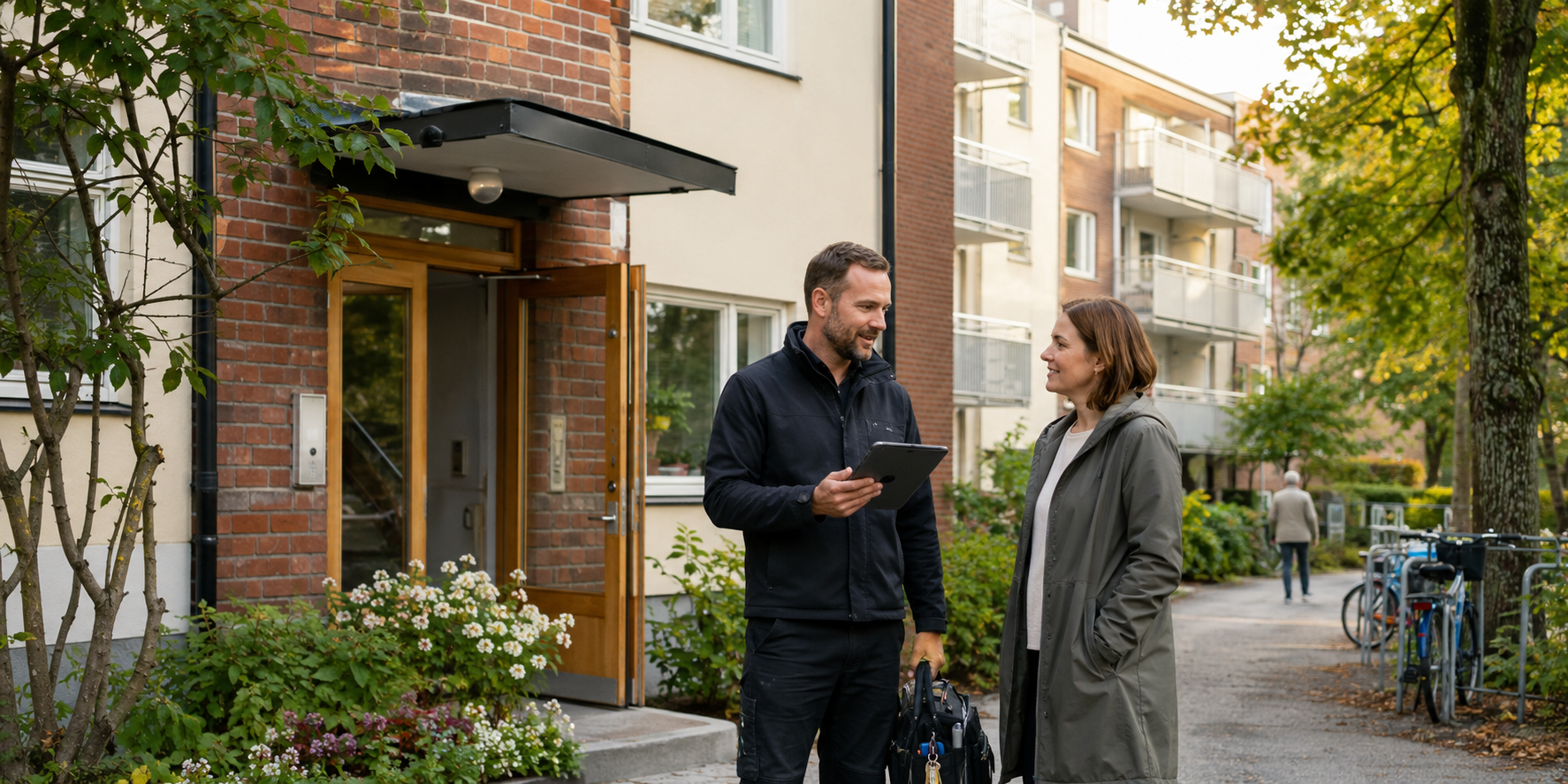 Lokal fastighetsförvaltare samtalar med en boende utanför ett flerbostadshus i norra Stockholm.