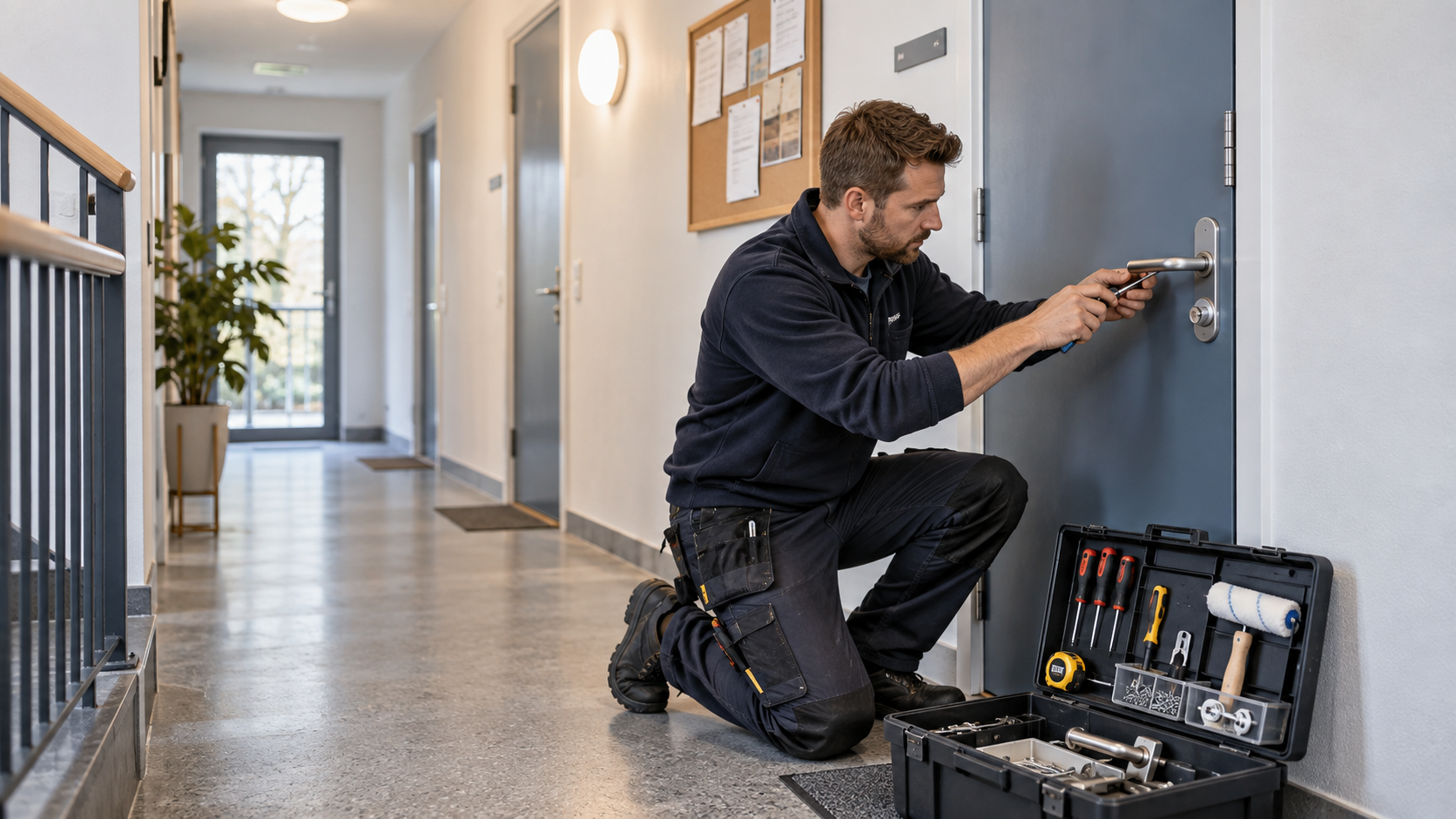 Fastighetsskötare justerar ett dörrhandtag i ett flerbostadshus med verktygslåda och utrustning för olika småjobb.
