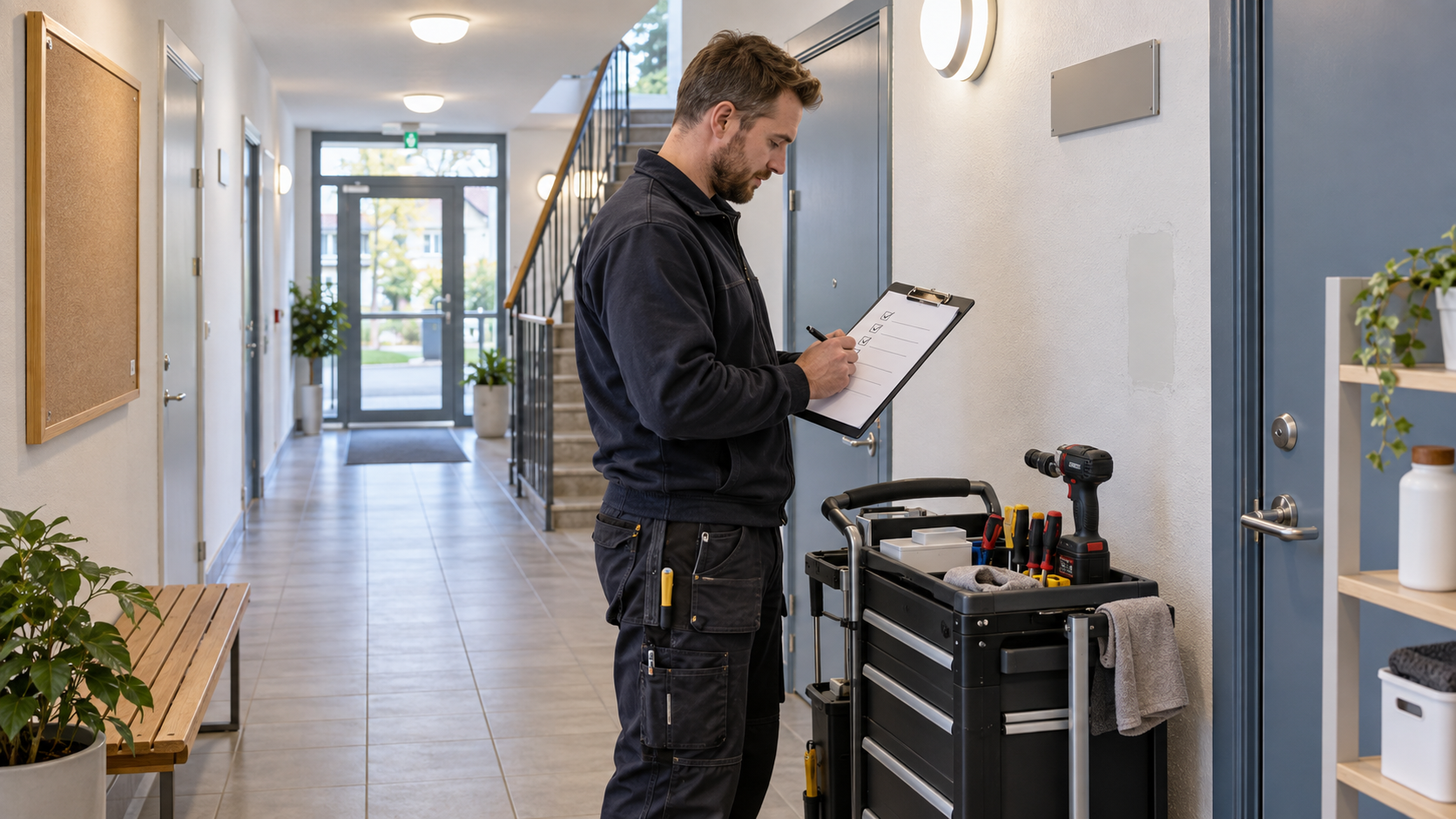 Fastighetsskötare bockar av en checklista bredvid en verktygsvagn i entrén till ett flerbostadshus.