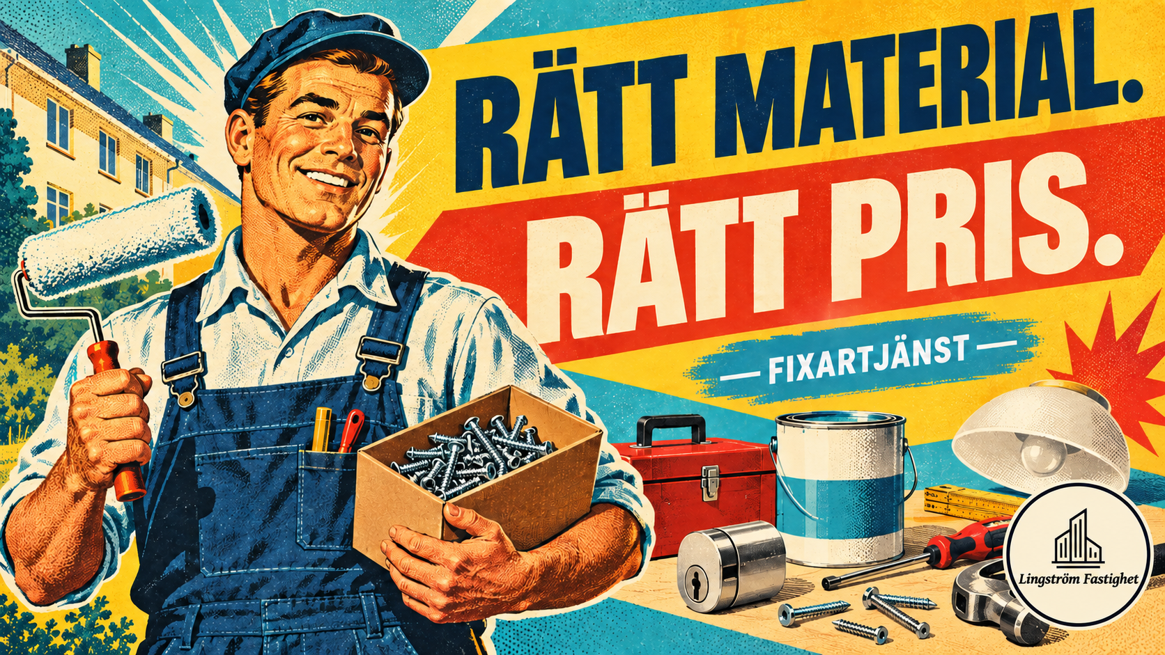 Färgstark retroillustration av en fastighetsskötare med roller, skruvar, låscylinder, armatur och verktyg samt texten ”Rätt material. Rätt pris.”