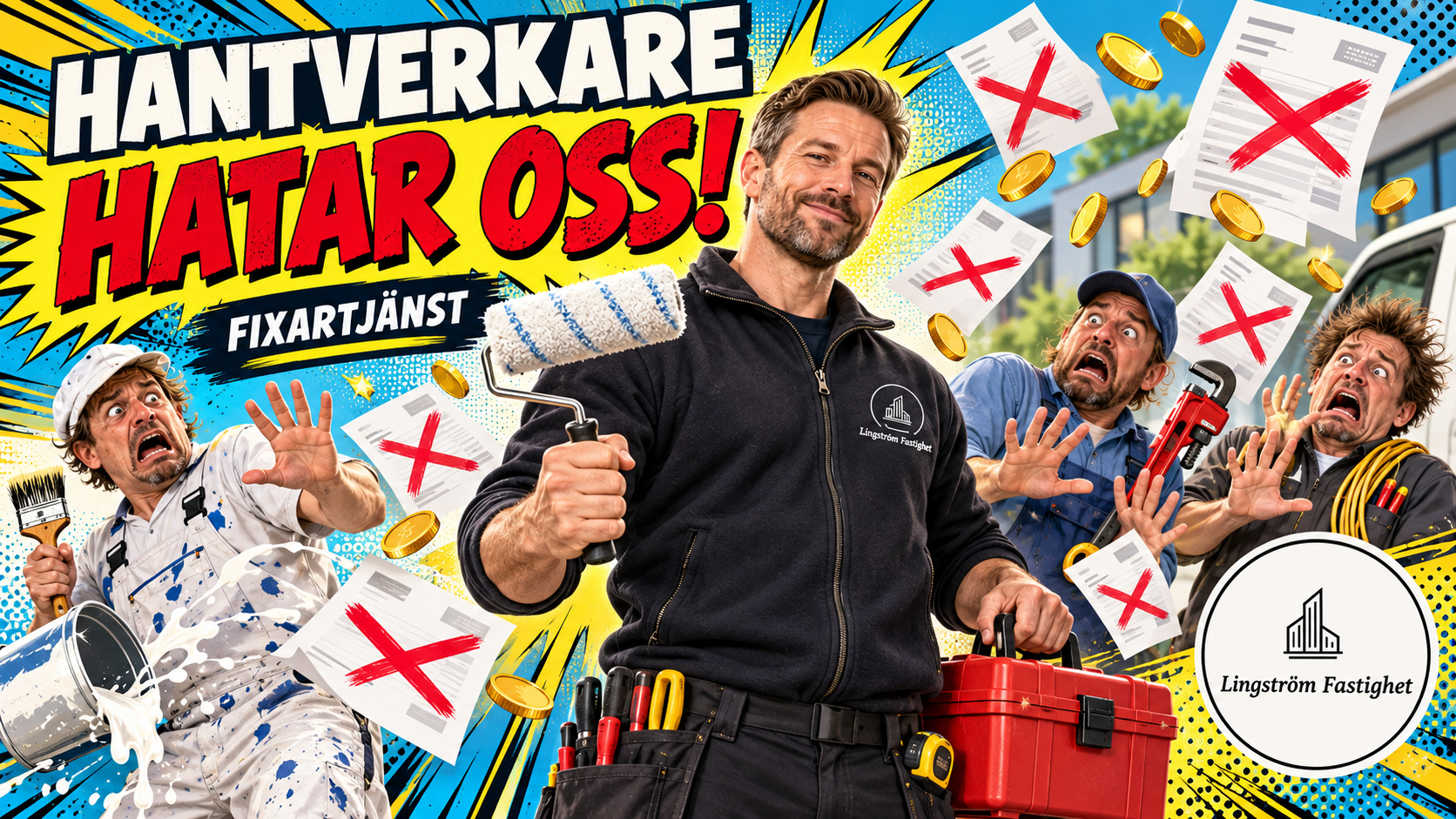 Svartvit logotyp med byggnadsikon och texten Lingström Fastighet i en cirkel.