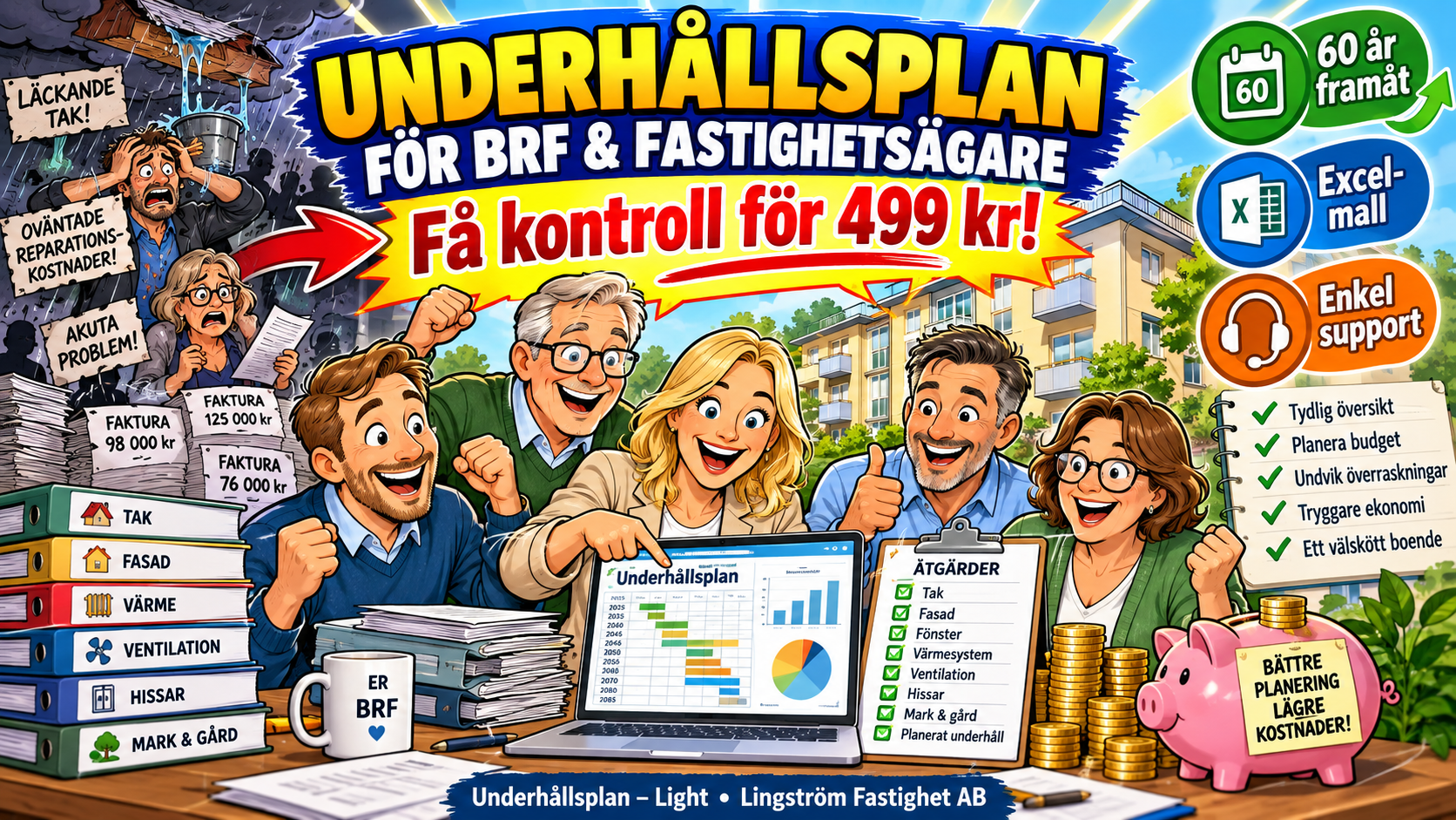 Tecknad illustration av en glad BRF-styrelse som använder Underhållsplan – Light från Lingström Fastighet AB. Bilden visar en underhållsplan i Excel med diagram, budget och planerade renoveringar. Underhållsplan för bostadsrättsföreningar och fastighetsägare för 499 kr.